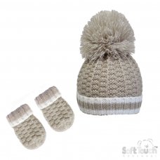 H648-BI-SM: Biscuit Ribbed Hat & Mittens (0-12m)